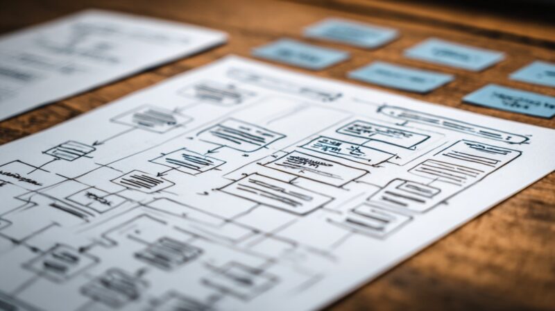 Fotografija papira sa skicom strukture sajta i povezanim blokovima teksta