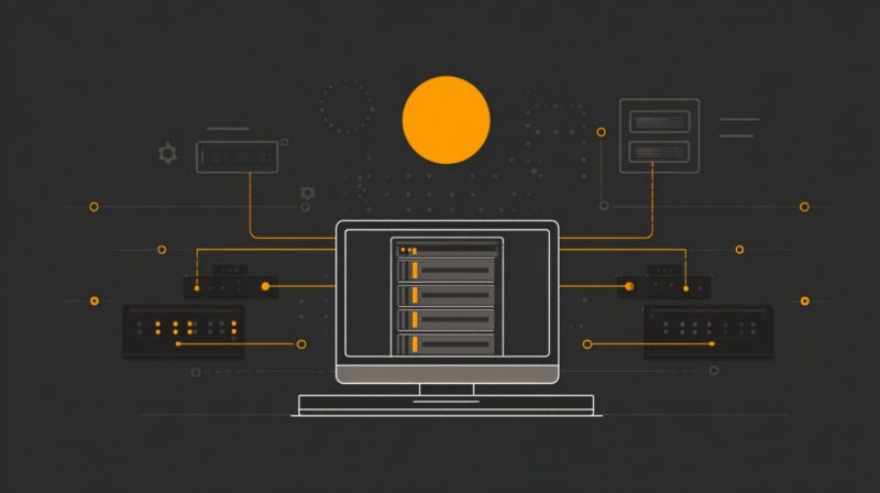 Ilustracija računara povezanog sa više serverskih modula na tamnoj pozadini