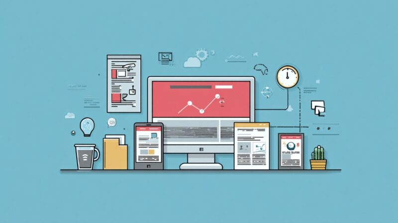 Ilustracija računara i mobilnih uređaja koji prikazuju različite funkcionalne elemente web stranica