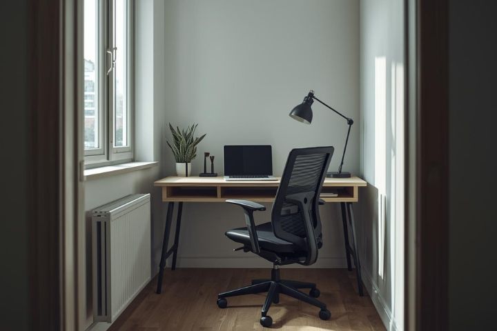 Radni prostor kod kuće u uglu sobe sa radnim stolom, ergonomskom stolicom i prirodnim svetlom pored prozora.