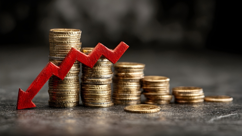 Gomile kovanica sa crvenom strelicom koja pada, kao jasan prikaz gubitka novca u poslovanju