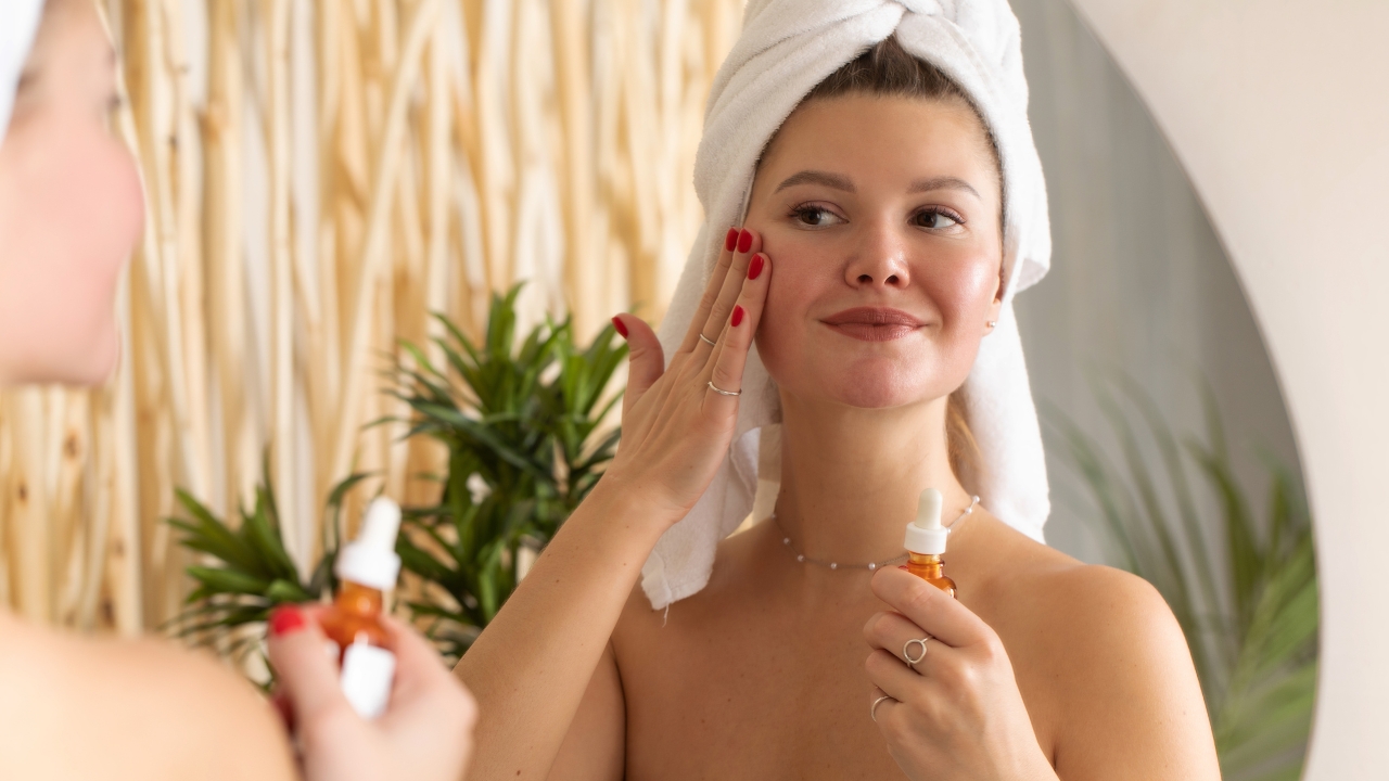 Žena nanosi vitamin C serum na lice dok se sprema pred ogledalom