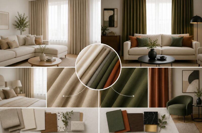 Kolaž enterijera koji poredi neutralne bež drapere sa akcentnim maslinastozelenim i terakota draperima, uz prikaz uzoraka tkanina i usklađenih materijala