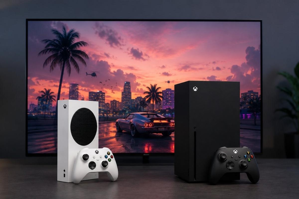 Xbox Series X i Series S konzole ispred televizora sa scenom iz GTA VI.