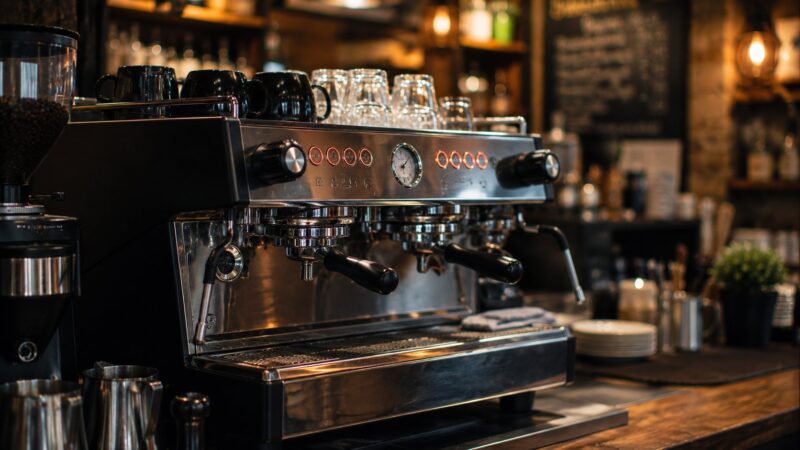 Profesionalni aparat za espresso sa mlinom, šoljama, čašama i sitnim barskim priborom u kafiću