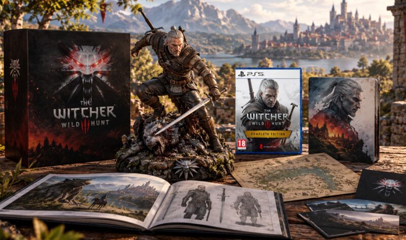 Kolekcionarsko izdanje igre The Witcher 3 sa figurom Geralta, kutijom, PS5 izdanjem, steelbook futrolom, mapom i otvorenom artbook knjigom na svetloj fantasy pozadini