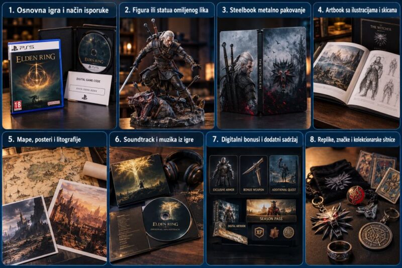 Kolaž sa osam delova koji prikazuju sadržaj kolekcionarskih izdanja video-igara: disk, figuru, steelbook, artbook, mape, soundtrack, digitalne bonuse i kolekcionarske predmete